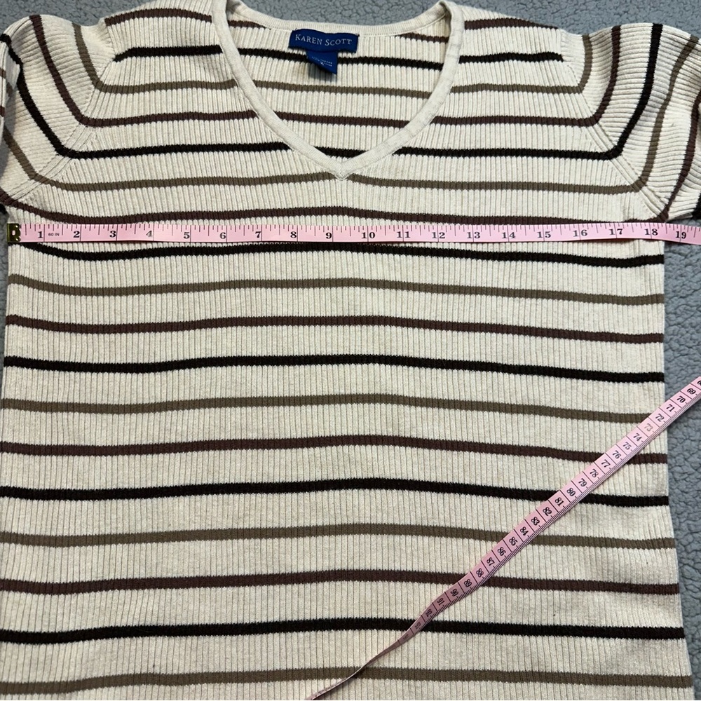 Karen Scott Women’s Striped V Neck Sweater Small Cream Brown Knit Pullover - Picture 4 of 5